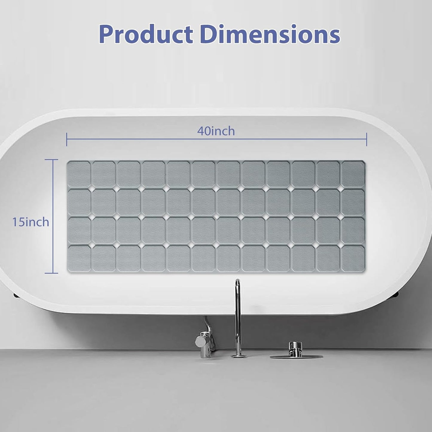 Bathtub Mat Non Slip Silicone Foldable Extra Long Tub Mat Strong Suction Cups & Large Drain Holes, Durable,Machine Washable for Smooth Surfaces Shower Mat, Ideal for Families Beige,15"x40" Grey