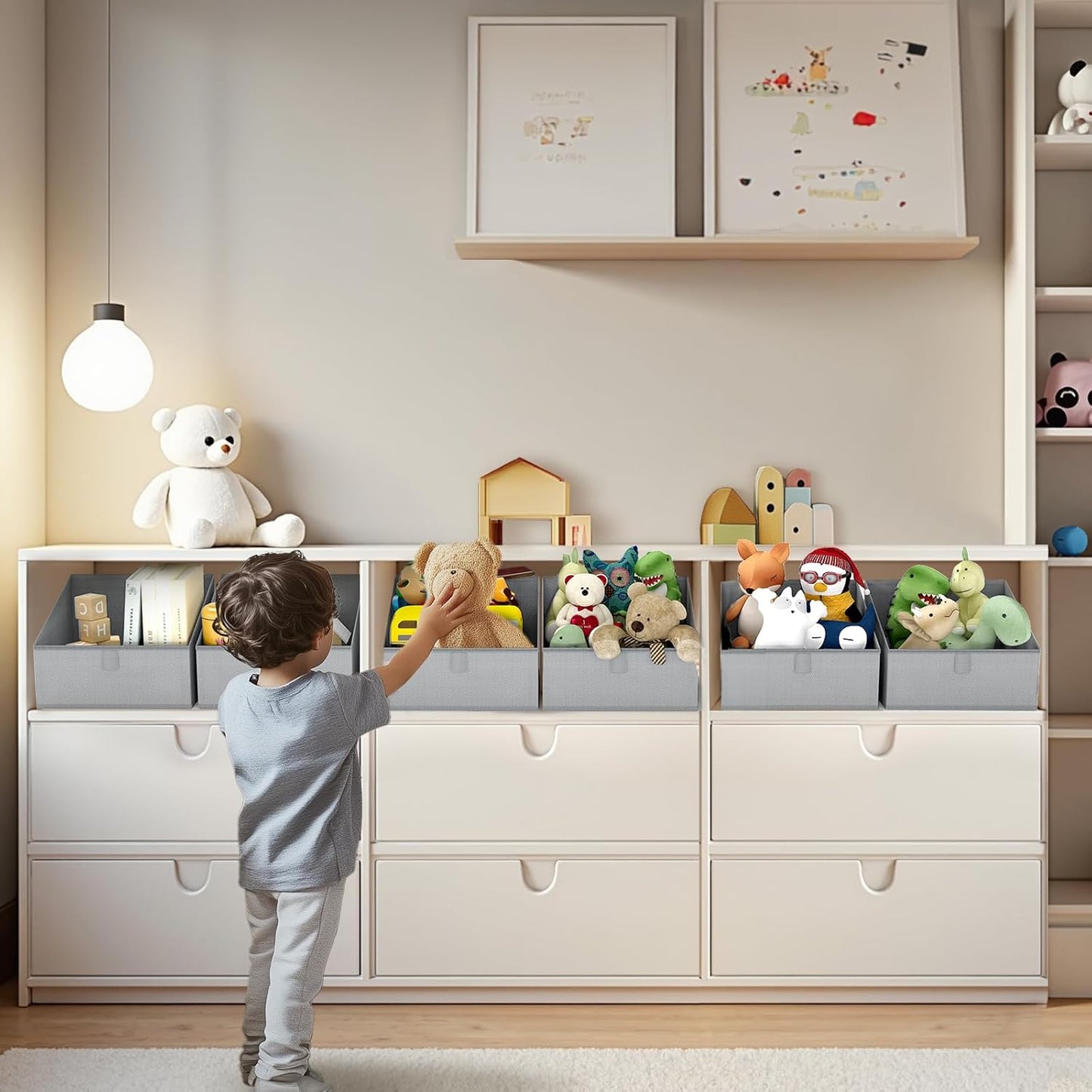 DIMJ Storage Bins for Closet, Trapezoid Storage Bins with Front Handle, Fabric Storage Baskets for Shelves, Line Closet Organizers for Toys, Boooks, Clothes, 6 Packs (Grey)