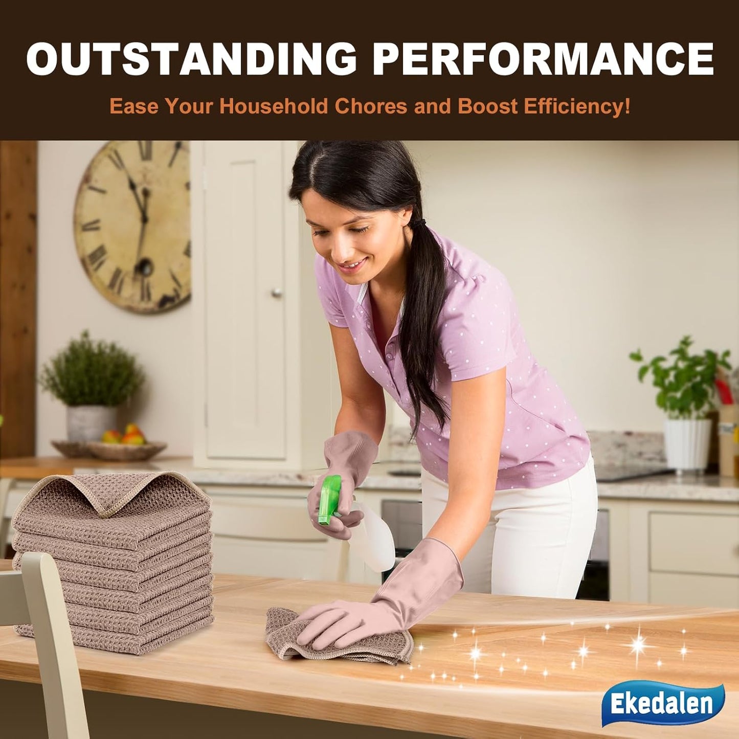 Microfiber Cleaning Cloth Waffle Weave for Dusting Absorbent Towel Quick Drying Dust Rags Household Kitchen, Lint Free Streak Free, 6 Pack,12 x 12 Inches, Khaki