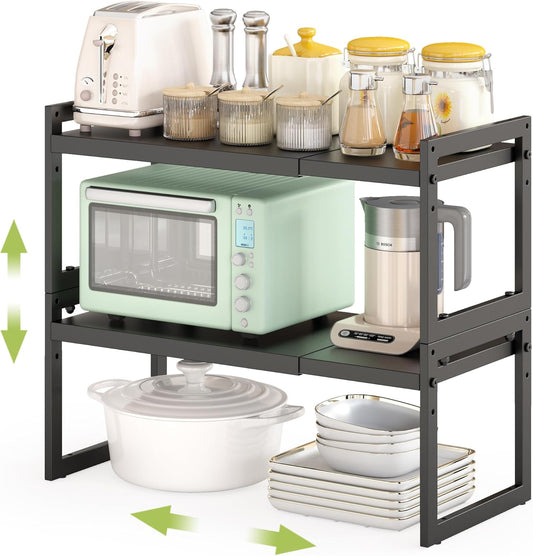 DOLALIKE Expandable kitchen Countertop Organizer, Stackable Cabinet Shelf Organizers, Space Saving Spice Rack Pantry Storage for Bathroom Office Organization (Black, 2 Pack)