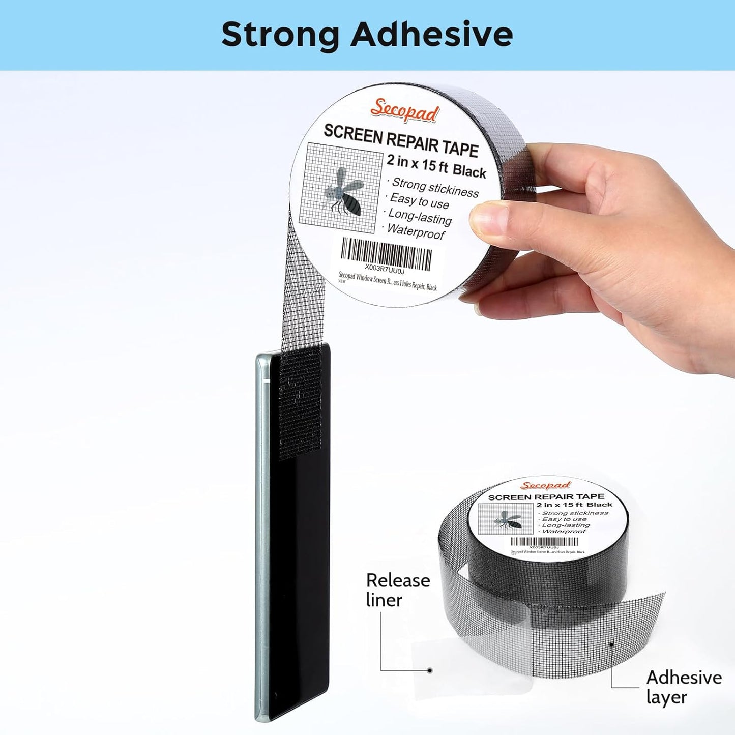 Black Window Screen Repair Tape, 2 in X 15 FT (180IN) Screen Repair Kit for Windows or Doors, Strong Adhesive Screen Patch Fiberglass Screen Tape Mesh Repair