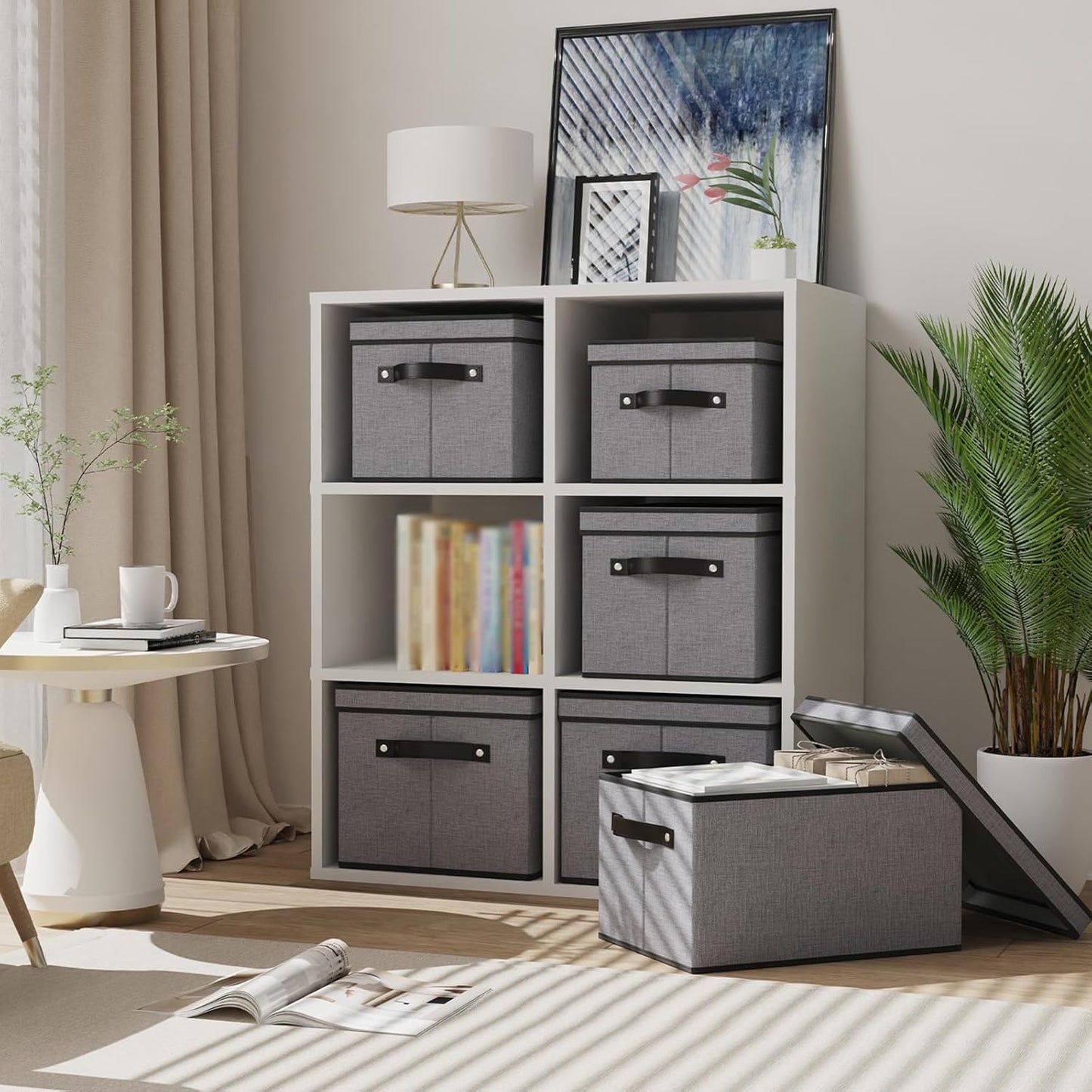 Fabric Storage Boxes, 7.1 x 9.1 x 13 Inch Baskets for Shelves with Lids, Wardrobe Organiser with Handles, Decorative Linen Closet Organizer Bins, Gray, 3 Pack