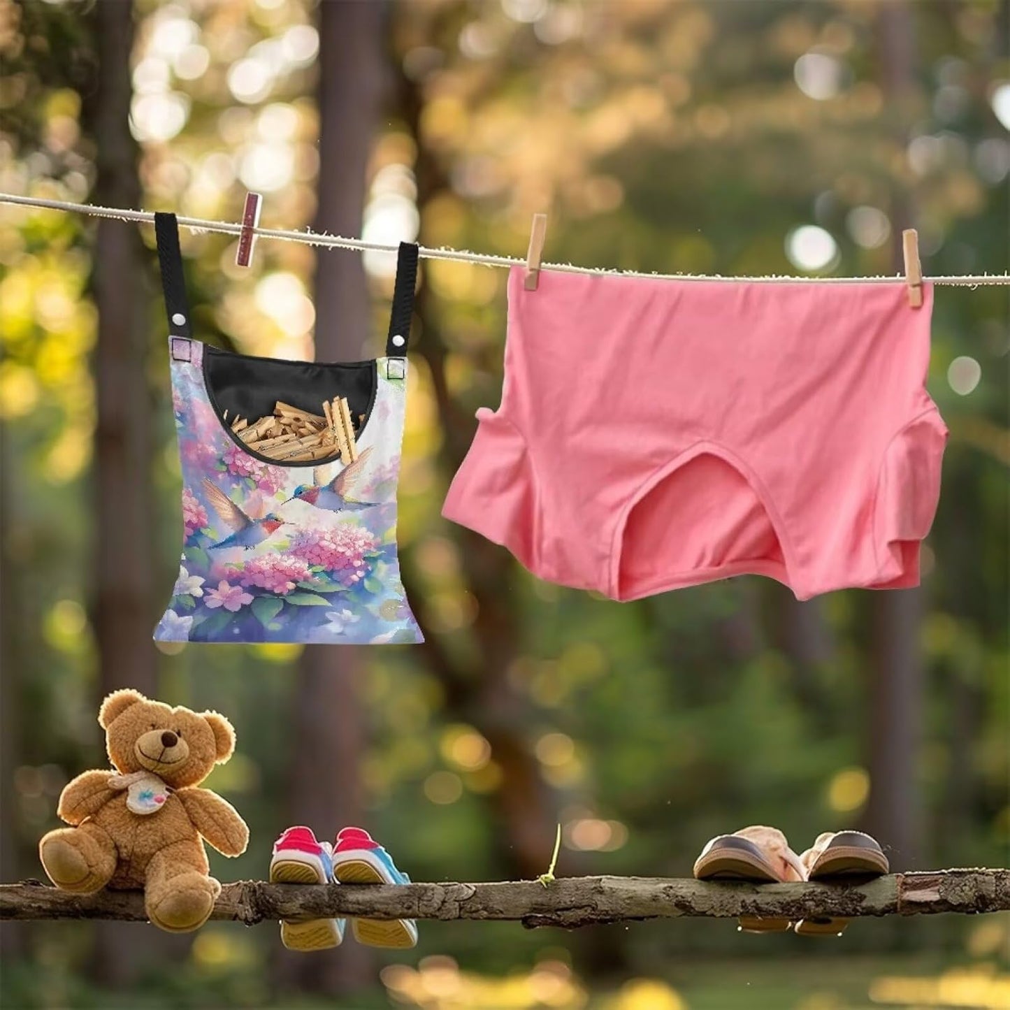 Hummingbird and Flower Clothes Pin Hanging Bag with Hanging Rope for Clothes Pins and Clothespins - Heavy Duty Outdoor Use 14.5 X 12 Inch Clothespin Bag