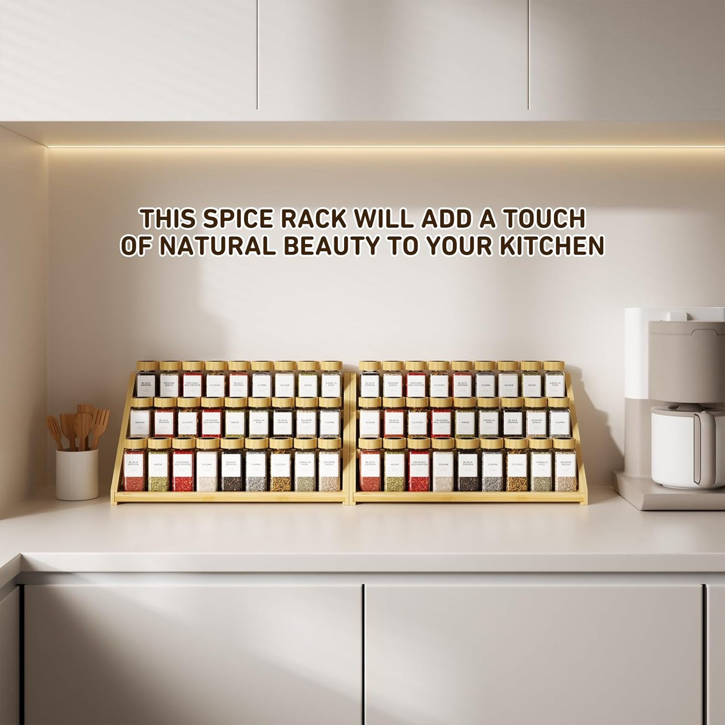 Bamboo Tiered Spice Rack, for Countertop Spice Organizer for Pantry Spice Shelf Organizer Kitchen Spices Rack，Cabinet spice rack，Cabinet seasoning rack