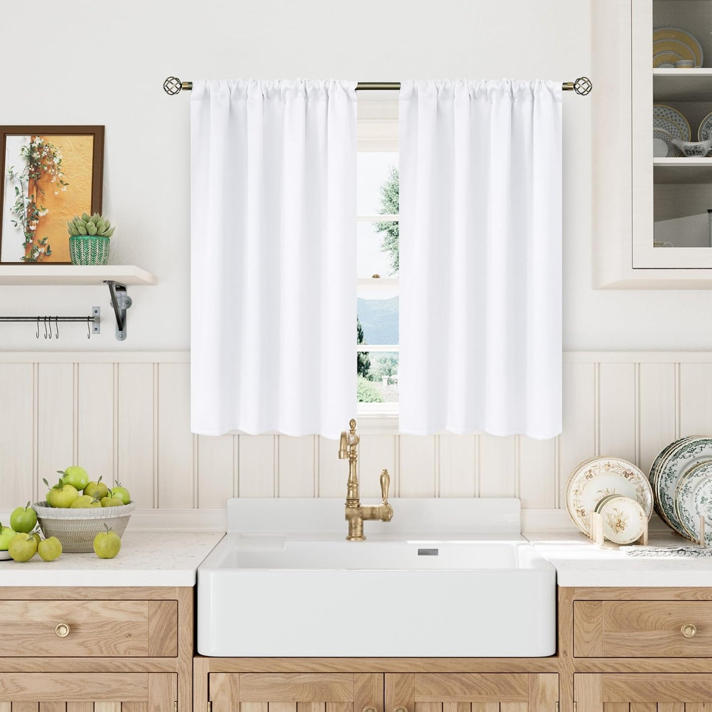 BGment White Curtains 45 Inches Length for Kitchen Window - Rod Pocket Short Window Treatment Drapes Privacy for Bathroom Cafe Bathroom Home Decor, 2 Panels, Pure White, 42 x 45 Inch