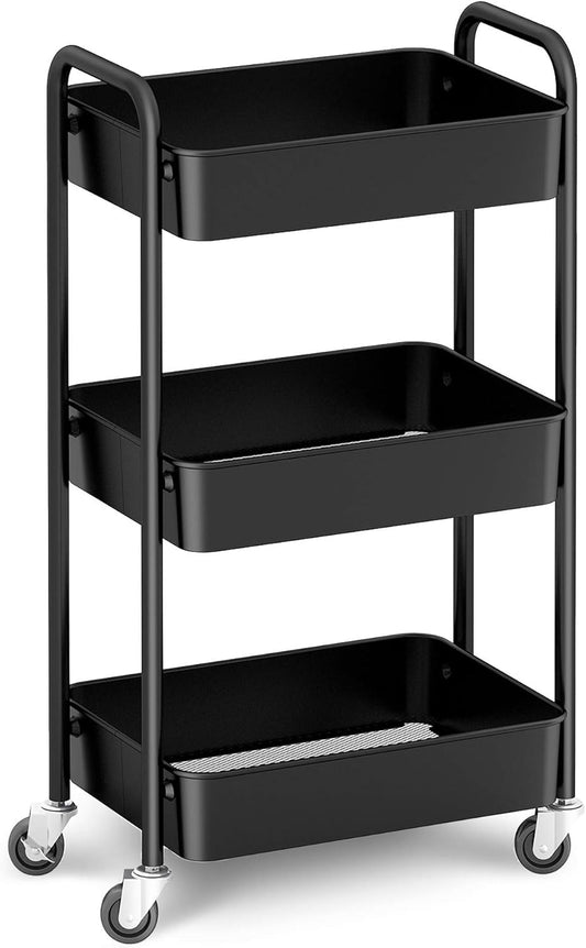 CAXXA 3-Tier Rolling Metal Storage Organizer - Mobile Utility Cart, Kitchen Cart with Caster Wheels (Black)