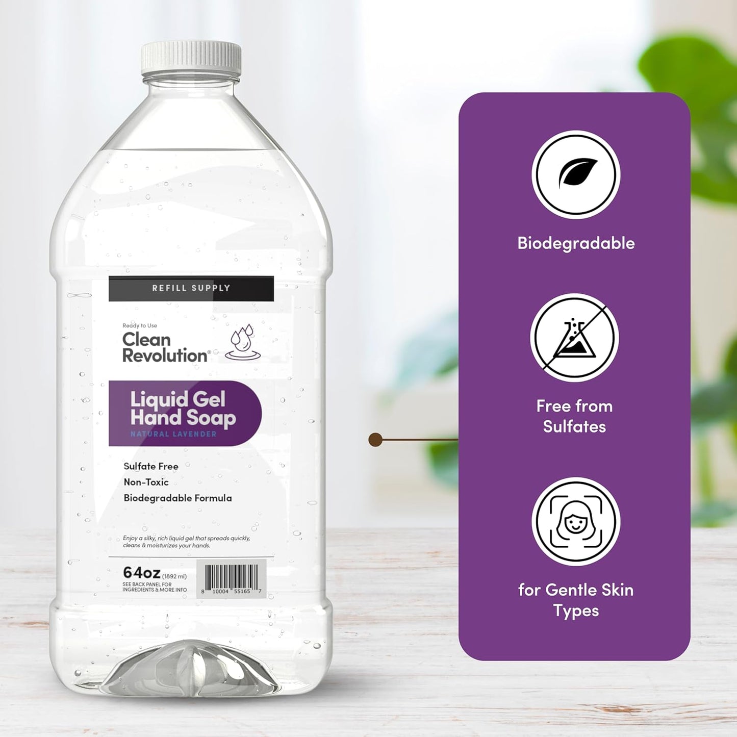 Clean Revolution Liquid Gel Hand Soap, Silky Rich Liquid, Quick Lather, Fast Rinsing, Contains Real Essential Oils (Natural Lavender) 64 Fl Oz