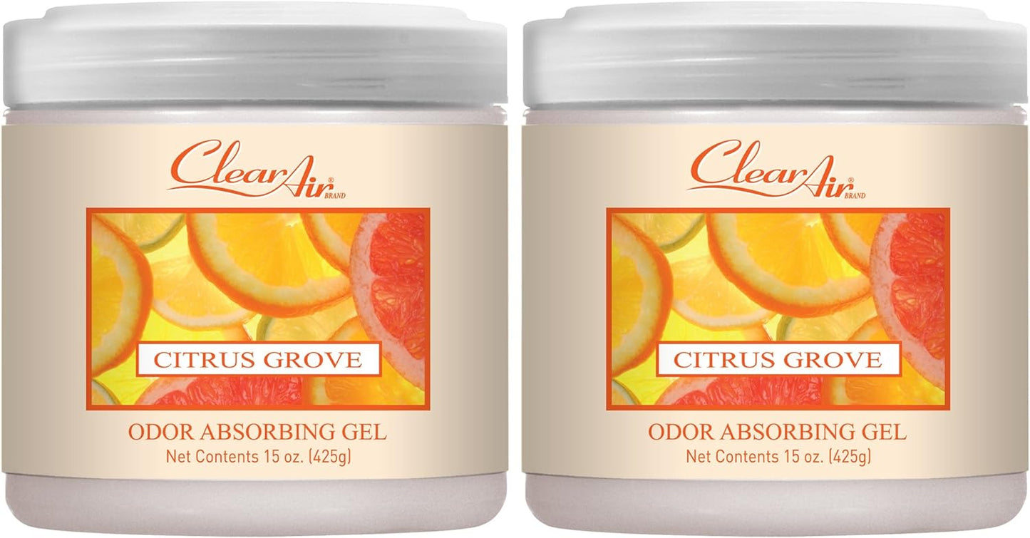 Clear Air Odor Absorber Gel - 15 oz, Pack of 2 - Air Freshener Absorbs and Eliminates Odors in Bathrooms, Cars, Boats, RVs and Pet Areas - Made with Essential Oils - Citrus Grove Scent
