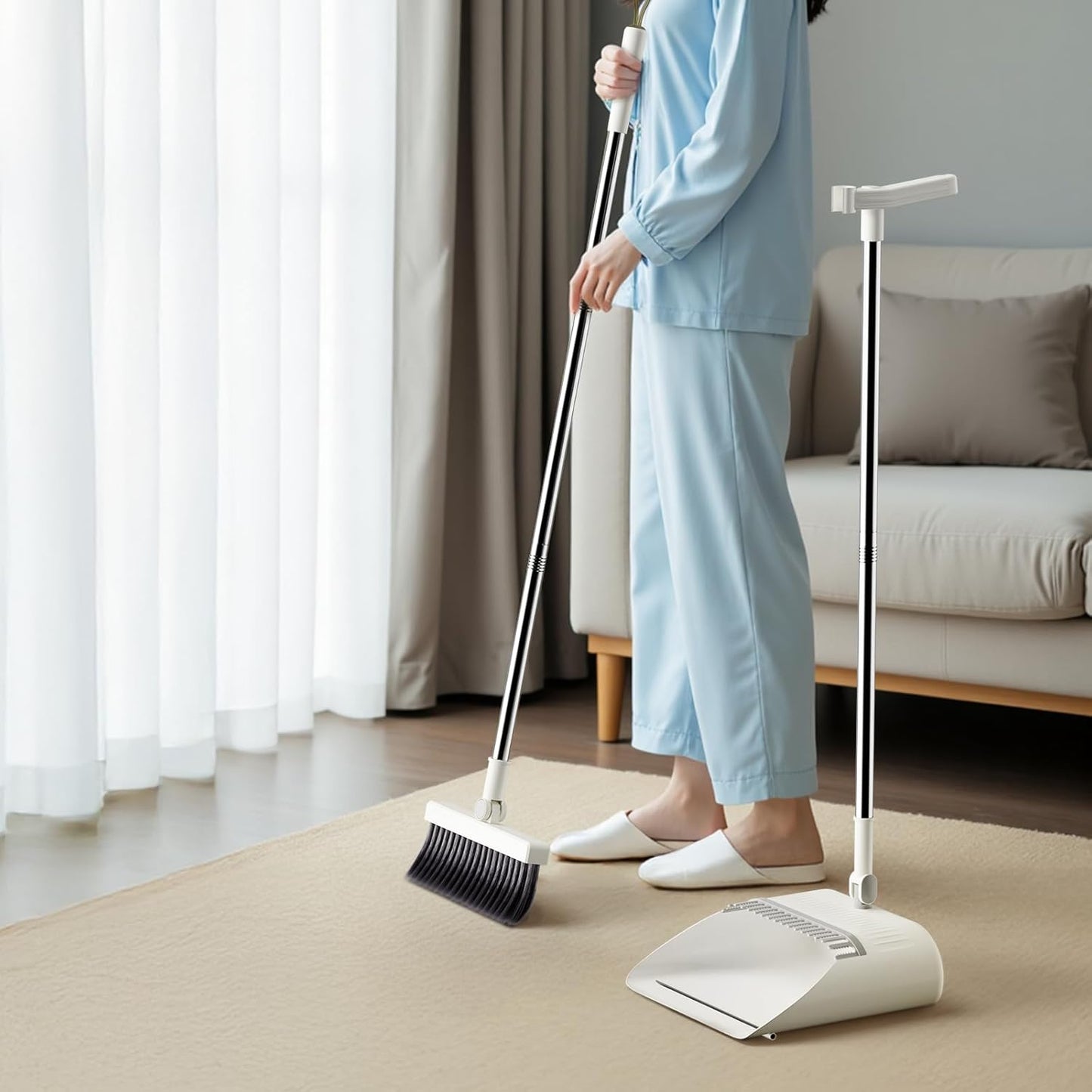 Upgrade Broom with Dustpan Combo Set, Broom and Dustpan Set with Adjustable Handle，Self-Cleaning Dustpans Teeth for Home Kitchen Office Hall Floor，ZeroGap Lip （White&Grey）