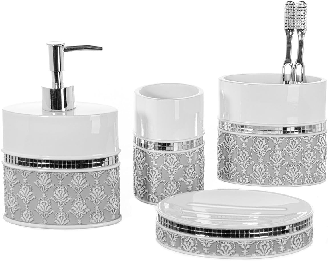 Creative Scents Mirror Damask Bathroom Accessory Set Complete - Decorative 4 Piece White and Gray Bathroom Set Includes: Soap Dispenser, Soap Dish, Toothbrush Holder and Tumbler