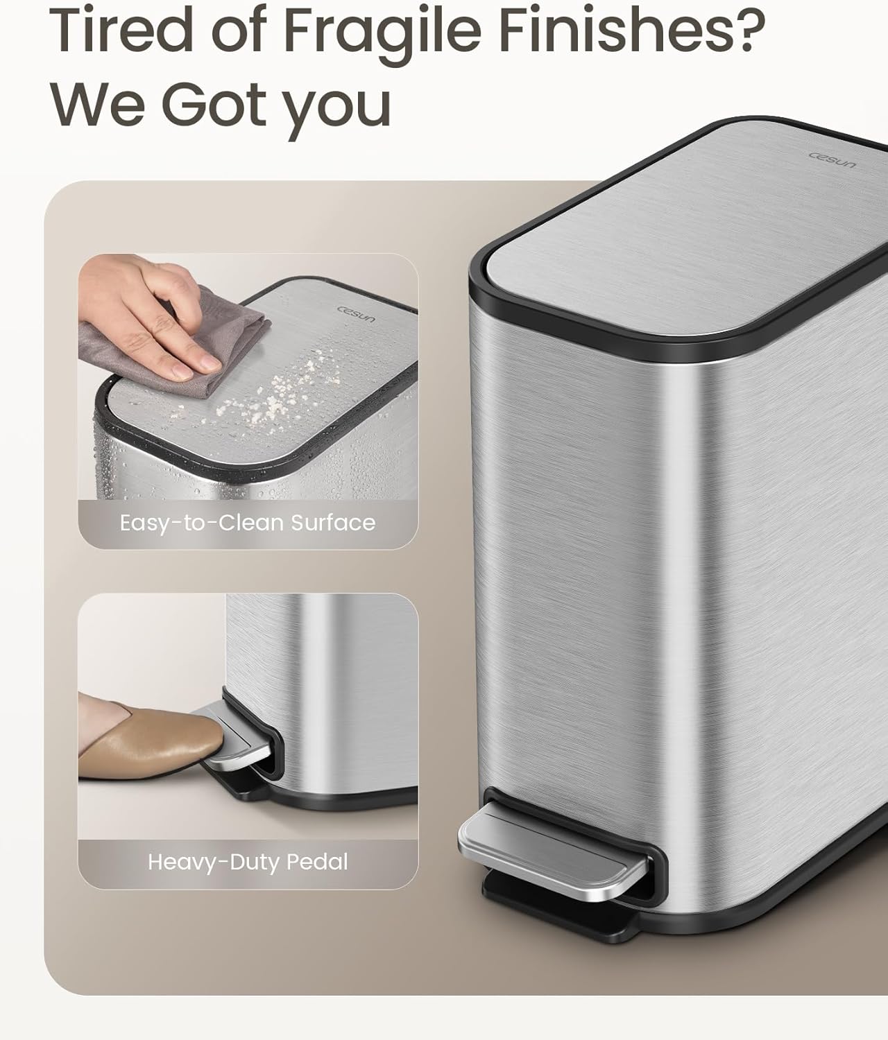 Cesun Small Bathroom Trash Can with Lid Soft Close, Step Pedal, 5 Liter / 1.3 Gallon Stainless Steel Garbage Can with Removable Inner Bucket, Waste Basket for Bathroom, Bedroom (Silver)