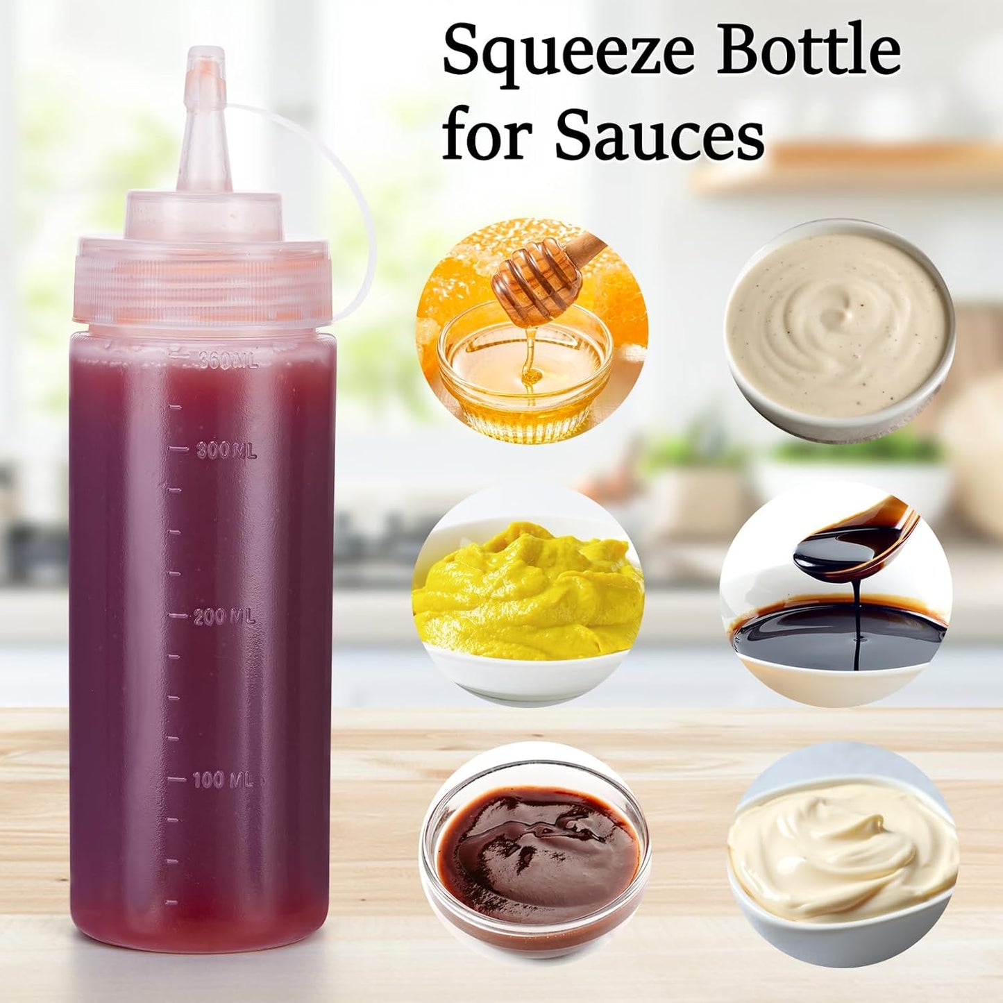 Condiment Squeeze Bottles Ketchup Dispenser, 6 Pack 12oz Squeeze Bottles for Liquids, Plastic Sauce Bottle with Cap Lid, Squirt Bottles for Sauces Liquids BBQ Dressing Pancake Art