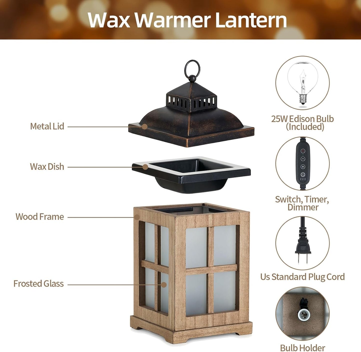 Wax Melt Warmer with Timer: Farmhouse Lantern Candle Warmer Electric Tart Burner with Lid for Scented Wax