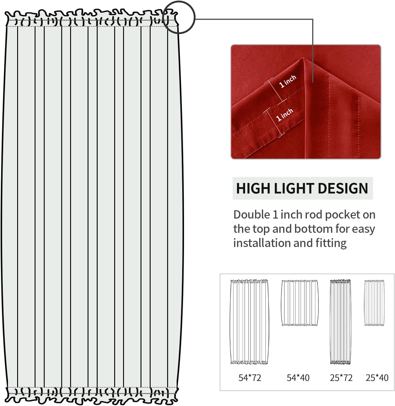 DWCN French Door Curtains – Rod Pocket Thermal Blackout Curtain for Doors with Glass Window, Christmas, Kitchen and Patio Doors for Privacy, 54 X 72 Inches Long, 1 Curtain Panel with Tieback, Red