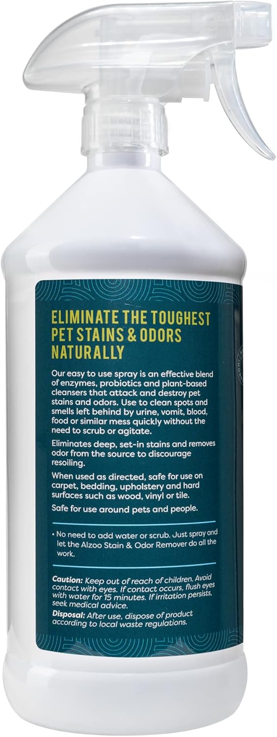 ALZOO Stain & Odor Remover, Quickly Lifts & Dissolves Pet Stains & Helps Eliminate Odors, 100% Plant-Based Active Ingredients, Lavender Vanilla Scent, 32 Fl. Oz Spray Bottle