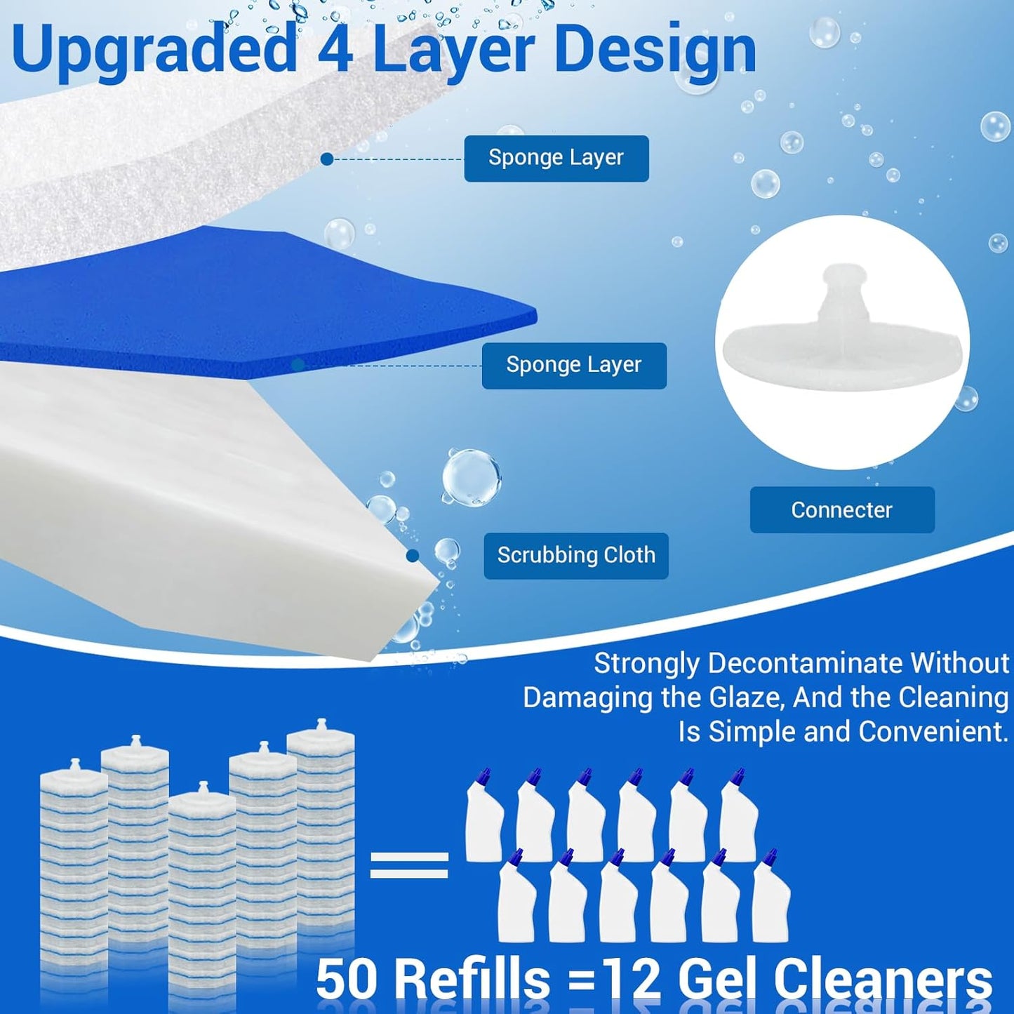 50 Counts Disposable Toilet Bowl Wand Refills, 5X Cleaning Power Toilet Cleaner Refill Pads, Deep Cleaning, No Falling Apart, Fresh Fragrance, Compatible with Most Toilet Brushes