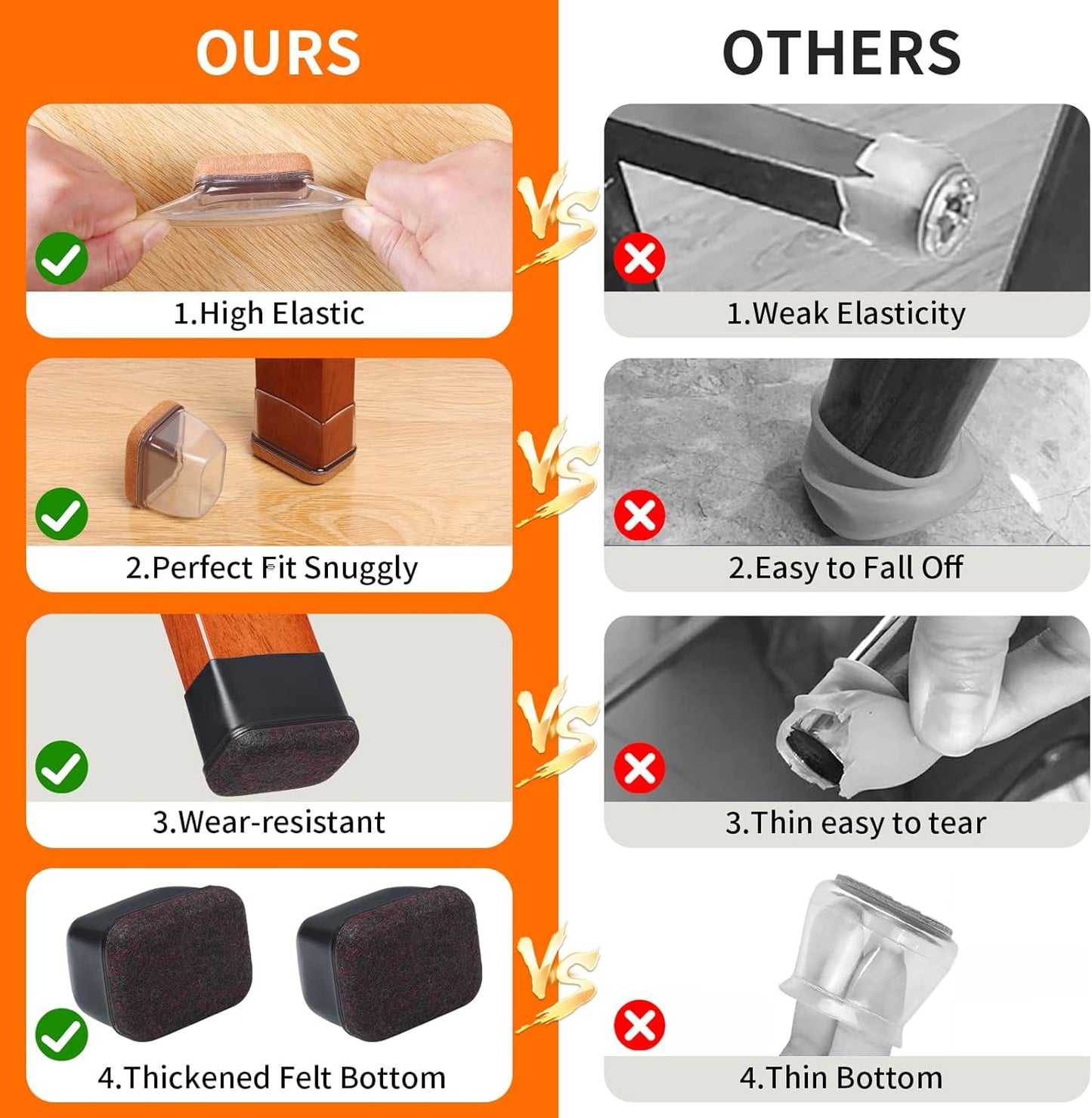 Ezprotekt 24 Pcs Rectangle Black Silicone Chair Leg Floor Protectors Caps, Rectangle Felt Chair Leg Covers Cups for Desk Chair Table - Anti- Scratches and No Noise (Fit L :1.3-1.7", W: 0.9-1.2")