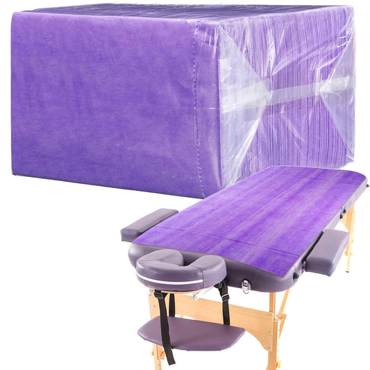 Breling 100 Pcs 31.5 x 71 Inch Disposable Bed Sheets Oil-proof PE Film Massage Table Sheets Non-woven Fabric Spa Waterproof Bed Cover Breathable for Beauty Salon Hotels Tattoo Waxing(Purple)