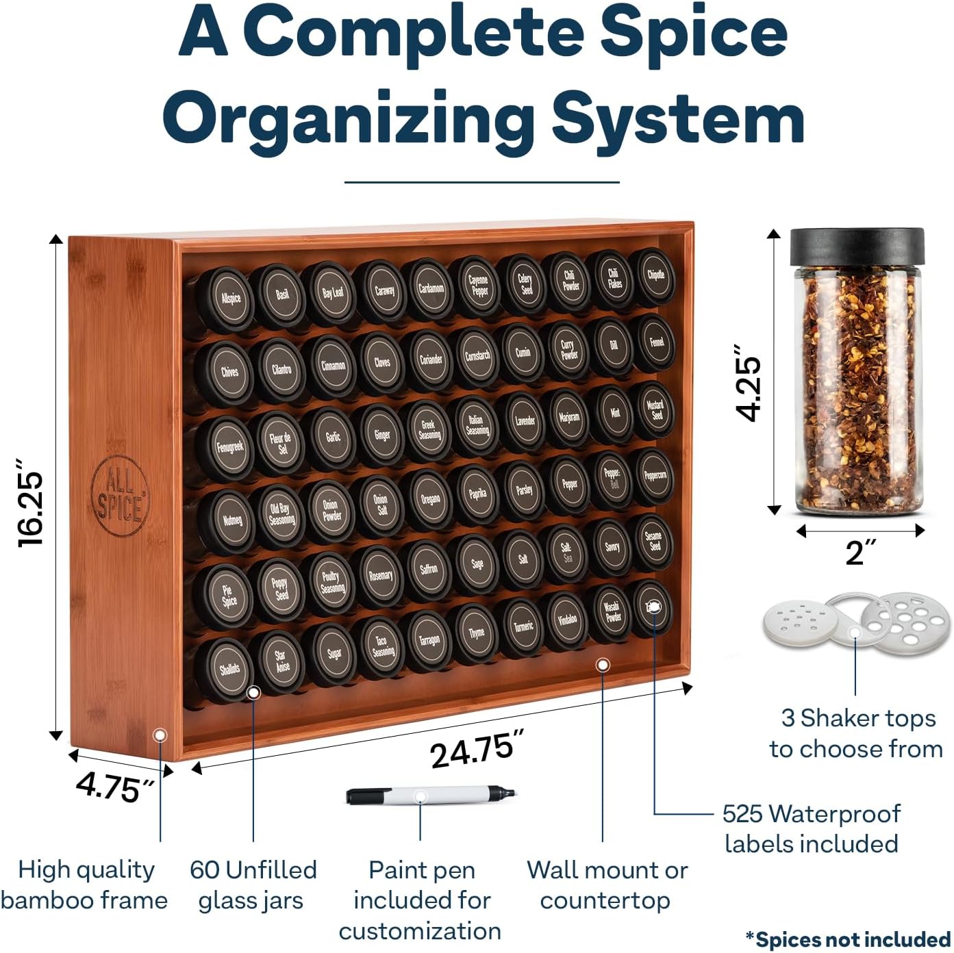 AllSpice Spice Rack Organizer, Wood, 525 Unique Labels, Countertop or Wall Mount, Includes 60 4oz Jars- Cherry Stain
