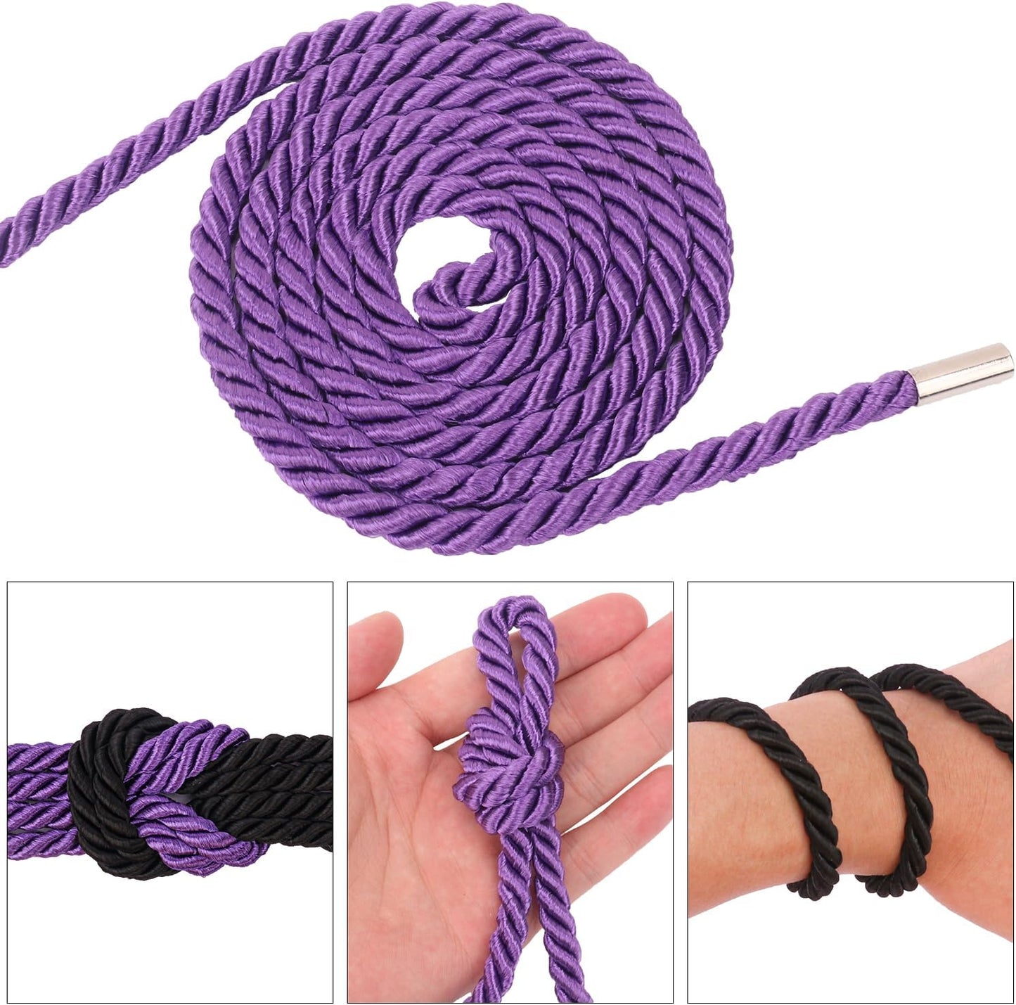 6 PCS Silk Rope Set - 32 Feet Long Nylon Proof Rope Cord and Soft Braided Ropes Black & Purple, Skin Friendly for Crafts, Hanging, DIY Projects and More