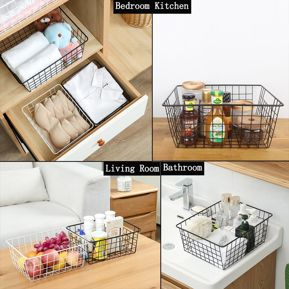 5 Pack Wire Storage Baskets, Premium Pantry Baskets for Storage, Metal Freezer Storage Organizer Baskets Bins with Handles for Kitchen Cabinets, Pantry, Bathroom (Black, Small)