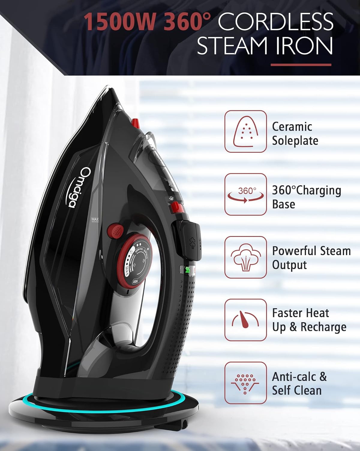 Cordless Iron for Clothes, 1500W Steam Iron Rapid Heating, Non-Stick Ceramic Soleplate, Auto Shut Off, Burst of Steam, Self-Clean, Anti Drip, 3 Temperature Settings, 11.84oz Water Tank, Black