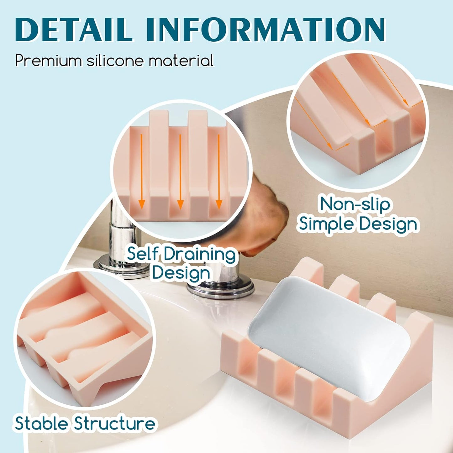 Silicone Soap Dish for Bar Soap Holder for Shower Bathroom Self Draining Waterfall Drying Tray Keep Soap Bars Dry Clean & Easy Cleaning (Grey/Pink, 2)