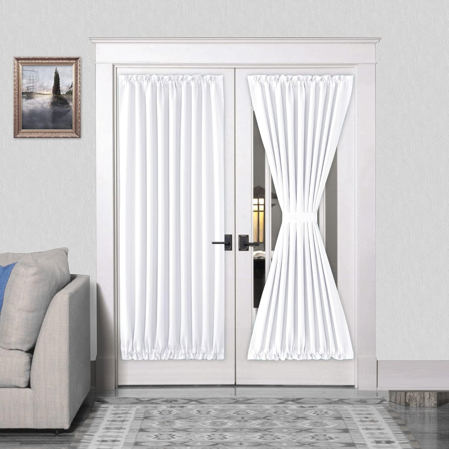 DWCN French Door Curtains – Rod Pocket Thermal Curtain for Doors with Glass Window, Kitchen and Patio Doors for Privacy, 54 X 72 Inches Long, 1 Curtain Panel with Tieback, Pure White