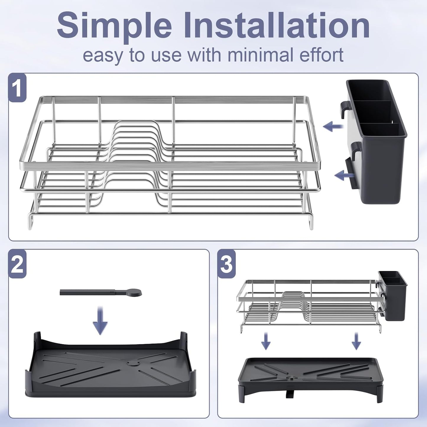 Dish Drying Rack,Rustproof Stainless Steel Dish Rack for Kitchen Counter,Dish Drainer with Cutlery Holder and Removable Drainboard,16.5" D x 11.8" W x 6.29" H