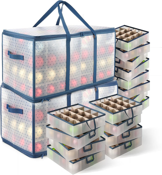 Hearth & Harbor Large Christmas Ornament Storage Box With Adjustable Dividers - Plastic Ornament Storage Container For 128 Holiday Ornaments or Decorations