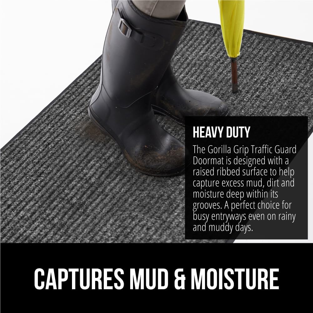 GORILLA GRIP Traffic Guard Door Mat, Heavy Duty Welcome Mats, Commercial Office Space Doormat, Waterproof, Fade Resistant, Strong Rubber Backing, Low Profile, Shoe and Boot Scraper, 35x23, Light Gray