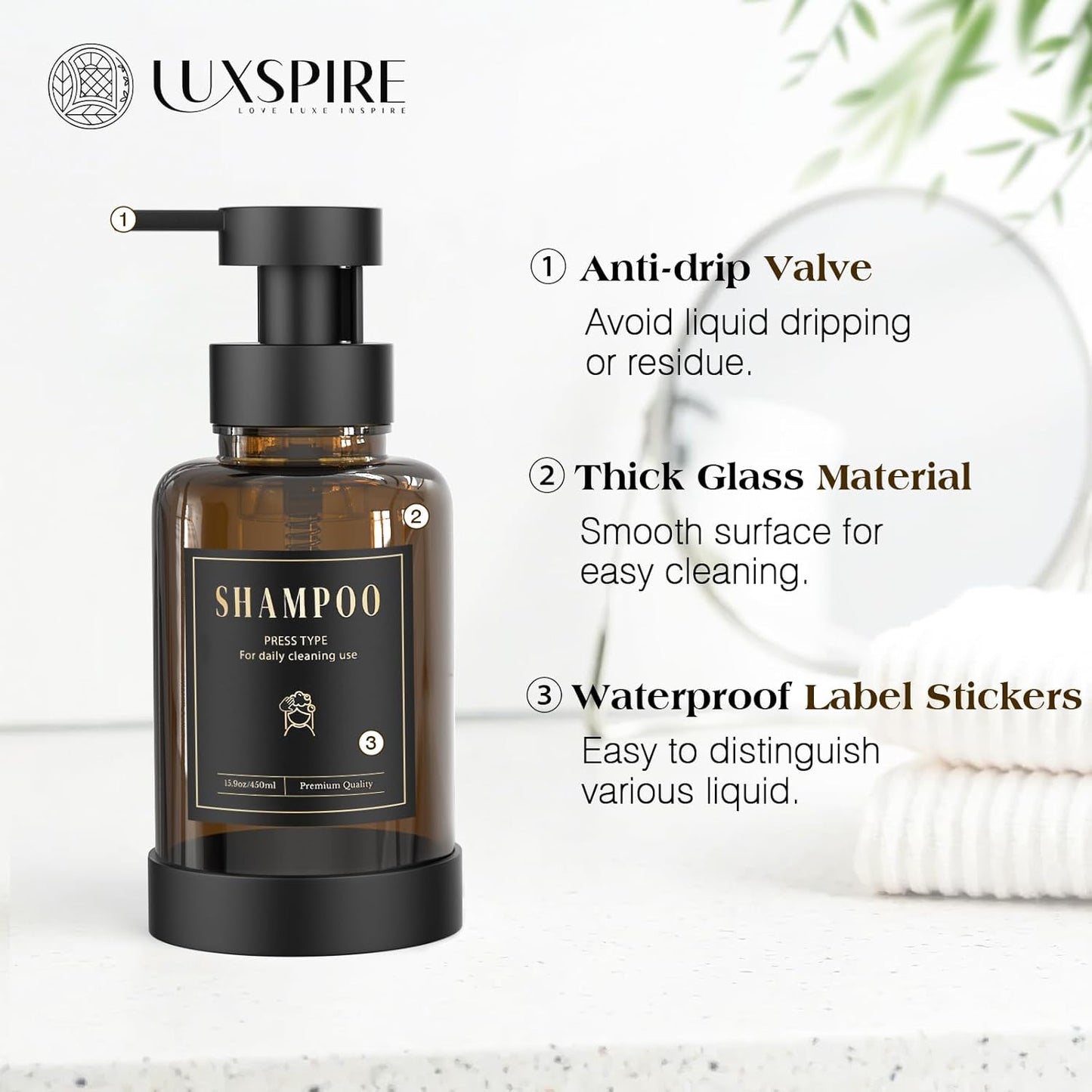 Luxspire Foaming Soap Dispenser, Glass Foam Pump Soap Dispenser, Non-Slip Hand Soap Bottle with 5 Waterproof Labels, 15 Oz Refillable Liquid Soap Bottle for Bathroom & Kitchen, Amber, 2 Pack