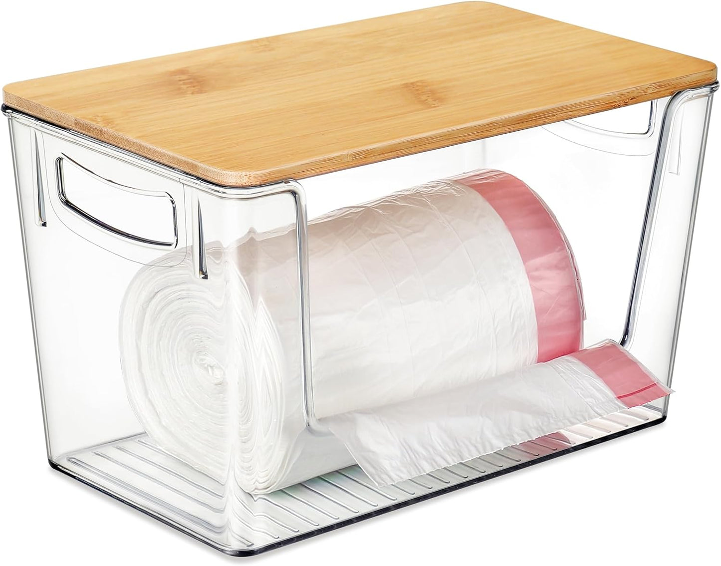 Hudgan Extra Large Trash Bag Holder Acrylic Trash Bag Dispenser Storage with Bamboo Top and Handles