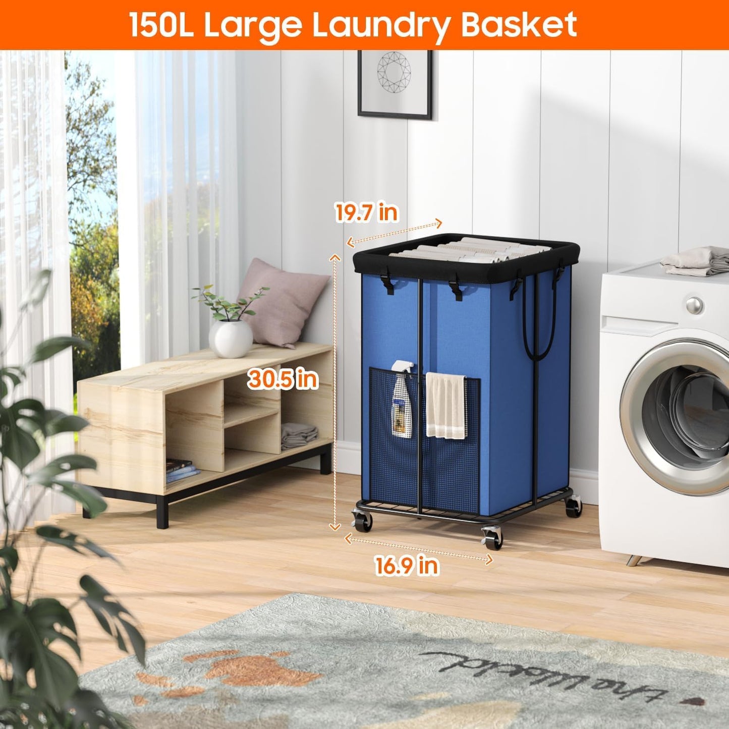 150L Laundry Hamper with Wheels, Rolling Laundry Basket with Metal Frame and Removable Bag, Large & Tall Dirty Clothes Hampers for Bedroom Aesthetic, Laundry Room, Bathroom, Dorm-Blue