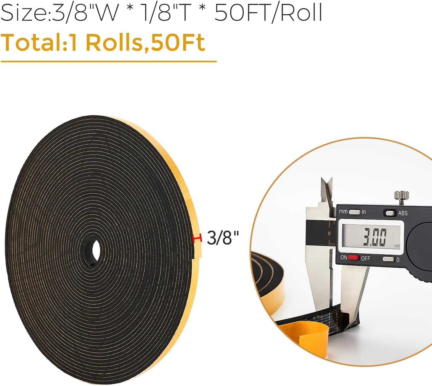 50 Feet Weather Stripping Door Seal, 3/8" Wide X 1/8" Thick Door Seal Strip High Density Foam Tape Adhesive Strip for Door Soundproofing,Window Insulation (3/8" x 1/8" x 50FT, Black)