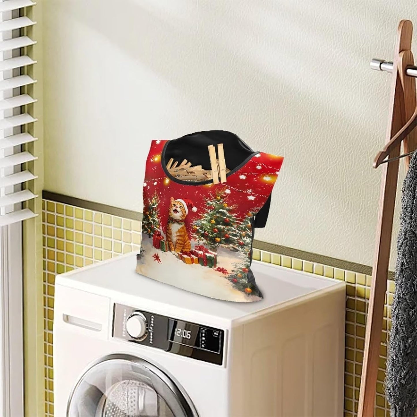 2025 Christmas Cat Waterproof Clothespin Bag with Hanging Rope - 14.5x12 Inch Storage Organizer for Home, Backyard & Camping