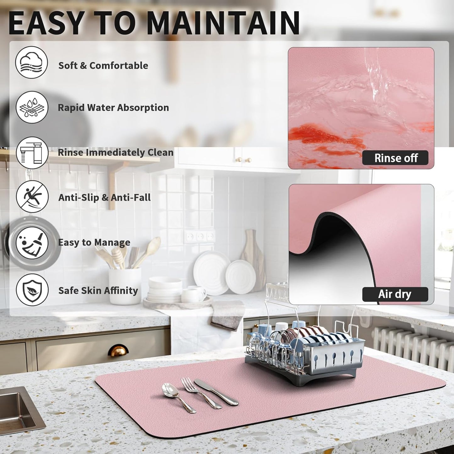 Dish Drying Mat for Kitchen Counter, Heat Resistant Drainer Mats with Non-slip Rubber Backed, Hide Stain Kitchen Super Absorbent Draining Mat, Easy to Clean Dish Rack Pad, Pink 18"x24"