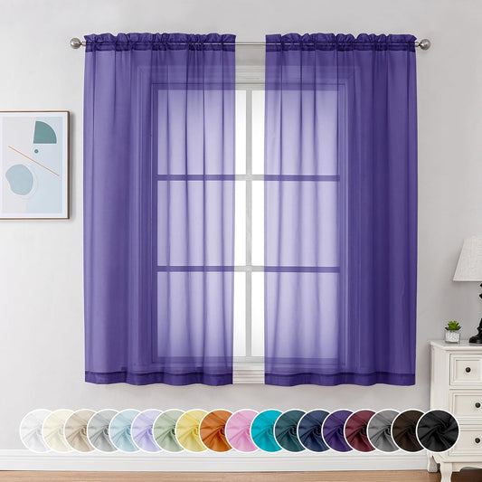 Chyhomenyc Sheer Curtains 63 Inch Length 2 Panels, Light Filtering Rod Pocket Window Sheer Curtain Drapes for Bedroom Living Room, 42Wx63L, 2 Panels, Purple