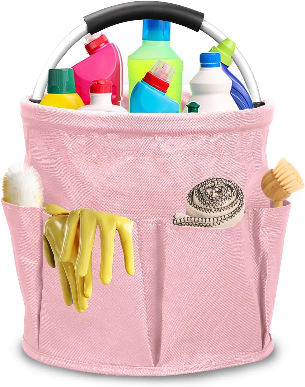 Qivine 17L Cleaning Caddy with Handle, Cleaning Supply Caddy Foldable Tool Bag Cleaning Products Organizers Portable Cleaning Bucket Organiser for Storing Towels (Pink)