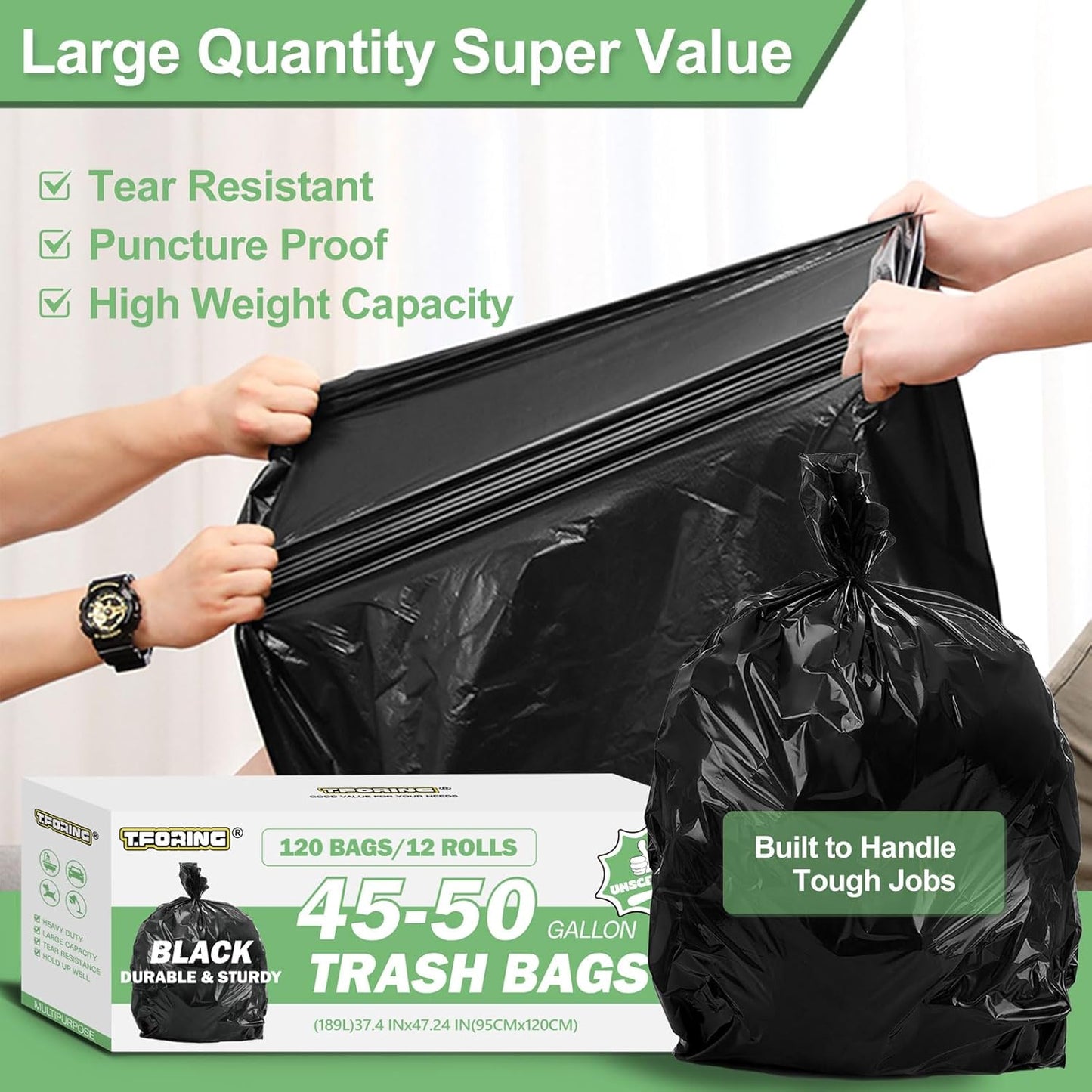 45-50 Gallon Black Trash Bags 120 Count - 38''x47'' Large Garbage Bags Unscented, 40+ Gallon Trash Can Liners, Multipurpose for Office, Outdoor, Yard and Commercial