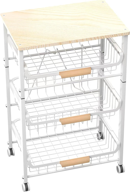 4-Layer Fruit Basket Kitchen Food Storage Organizer and Storage Rack, Stackable Storage cart with Desktop, Pull-Out Hollow Metal Storage Basket, liding Out Storage,White