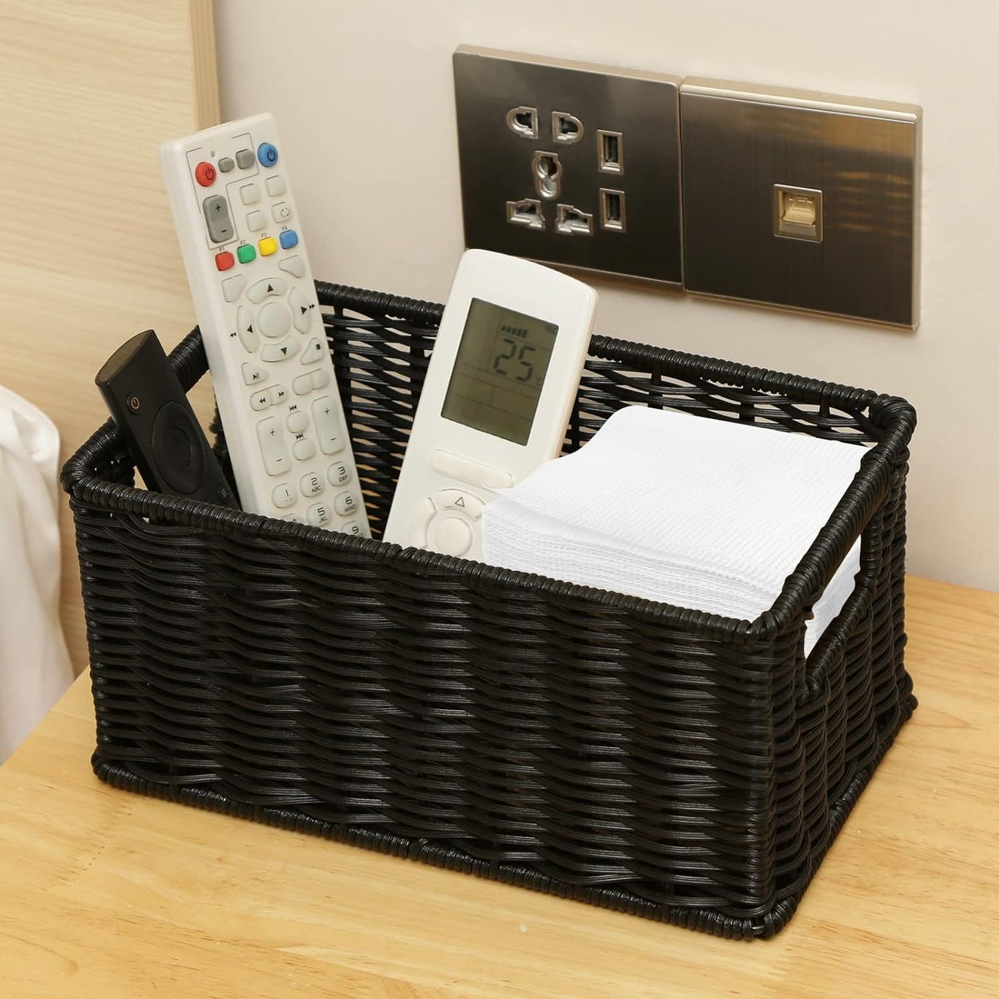 HOONEX Wicker Baskets for Storage, Plastic Baskets for Organizing with Dual Handles, Woven Baskets for Storage, Set of 2, Black