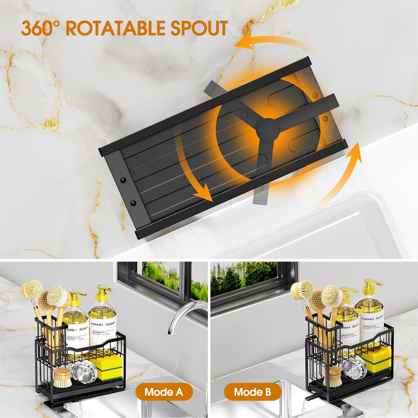 2-Tier Kitchen Sink Caddy with High Brush Holder&Self-Draining Tray,Rustproof&Non-Slip Sink Sponge Holder,Kitchen Countertop Storage Organizer,Soap Dispenser Storage - Black