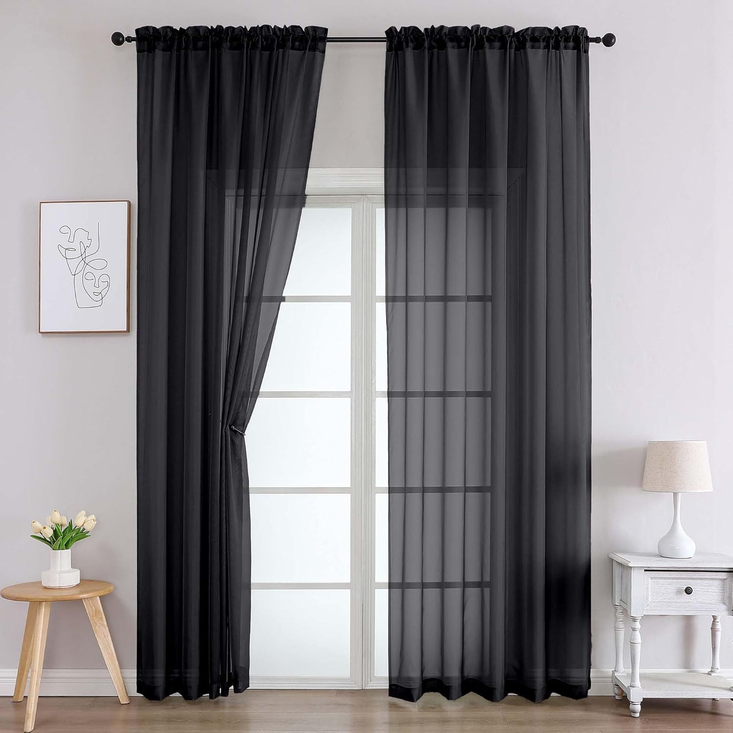 Chyhomenyc Black Sheer Curtains 78 Inches Long 2 Panels Set for Living Room, Light Filtering Voile Lightweight Bedroom Curtains, Rod Pocket Solid Window Treatment Drapes, Each 42W x 78L