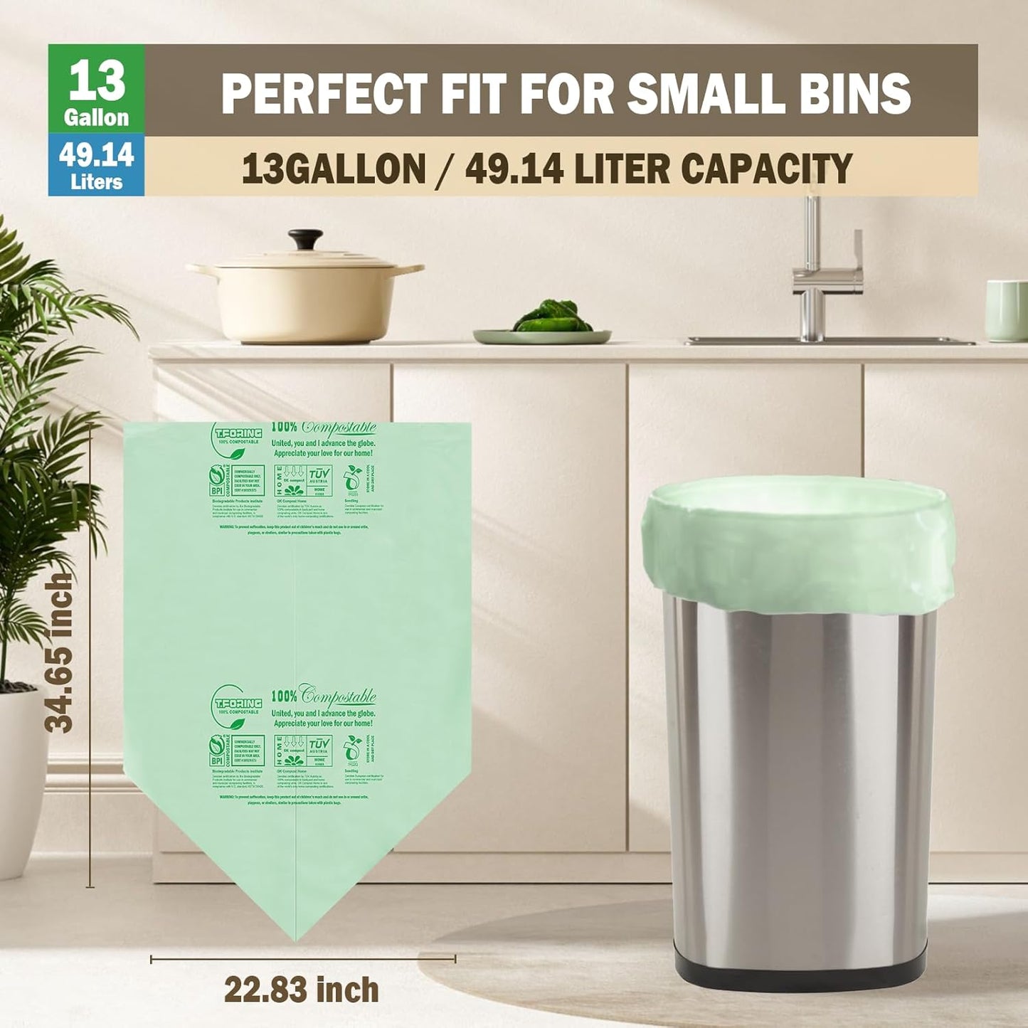 Compostable Trash Bags, 13 Gallon / 49.2 Liter, 45 Count, Extra Thick 0.9 Mil Tall Kitchen Food Scrap Bin Liners, Certified by BPI, CMA & OK compost HOME