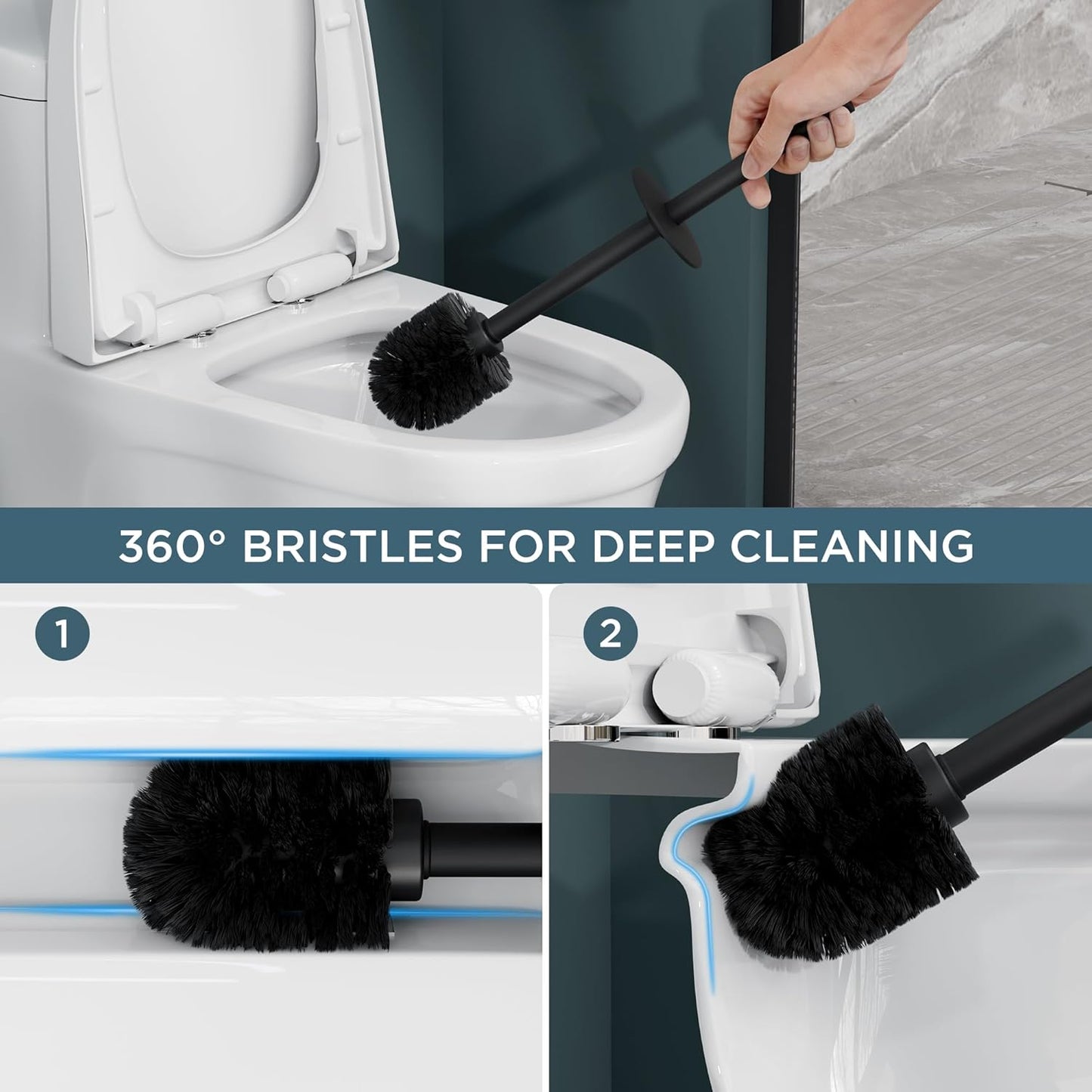 FORIOUS Toilet Brush and Holder Set Black, Heavy Duty 304 Stainless Steel Base and Long Handle Toilet Bowl Cleaners Brush, for Bathroom Storage and Organization, 2 Brush Head