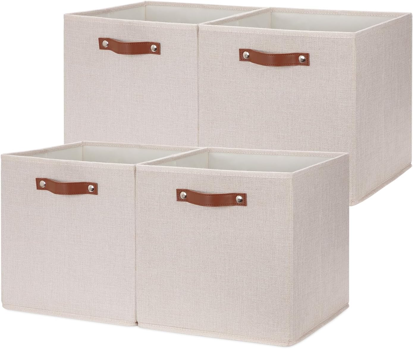 HNZIGE Foldable Storage Cubes Bins for Organizing, Set of 4, Fabric Cube Canvas Storage Bins 11 x11, Collapsible Bins for Organization with Handles for Shelf Nursery(Beige)
