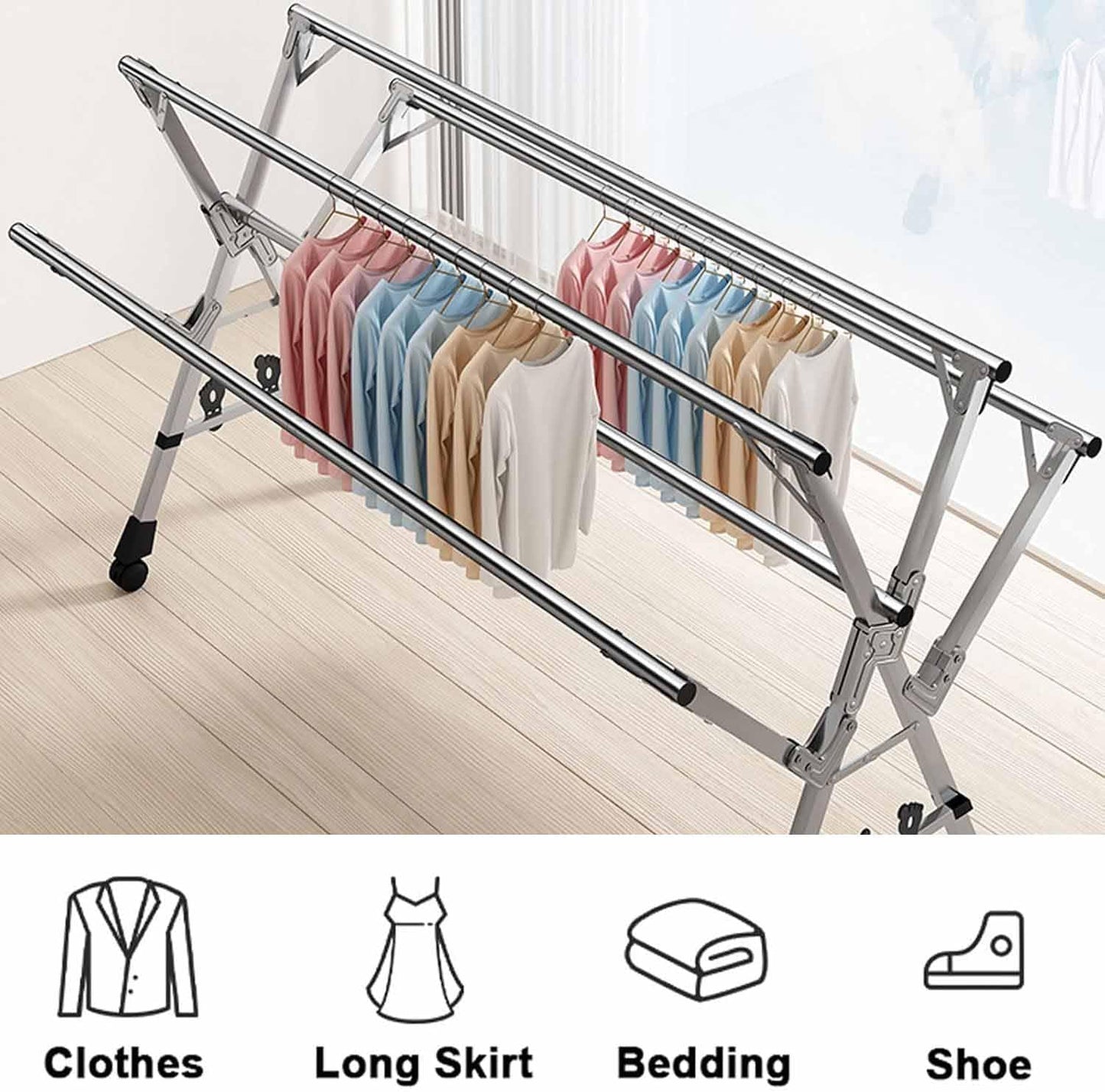 5Poles Clothes Drying Rack,Stainless Steel Laundry Rack with Wheels, Blanket Rack Clothesline, Extendable,with Windproof Hooks,for Indoor Outdoor