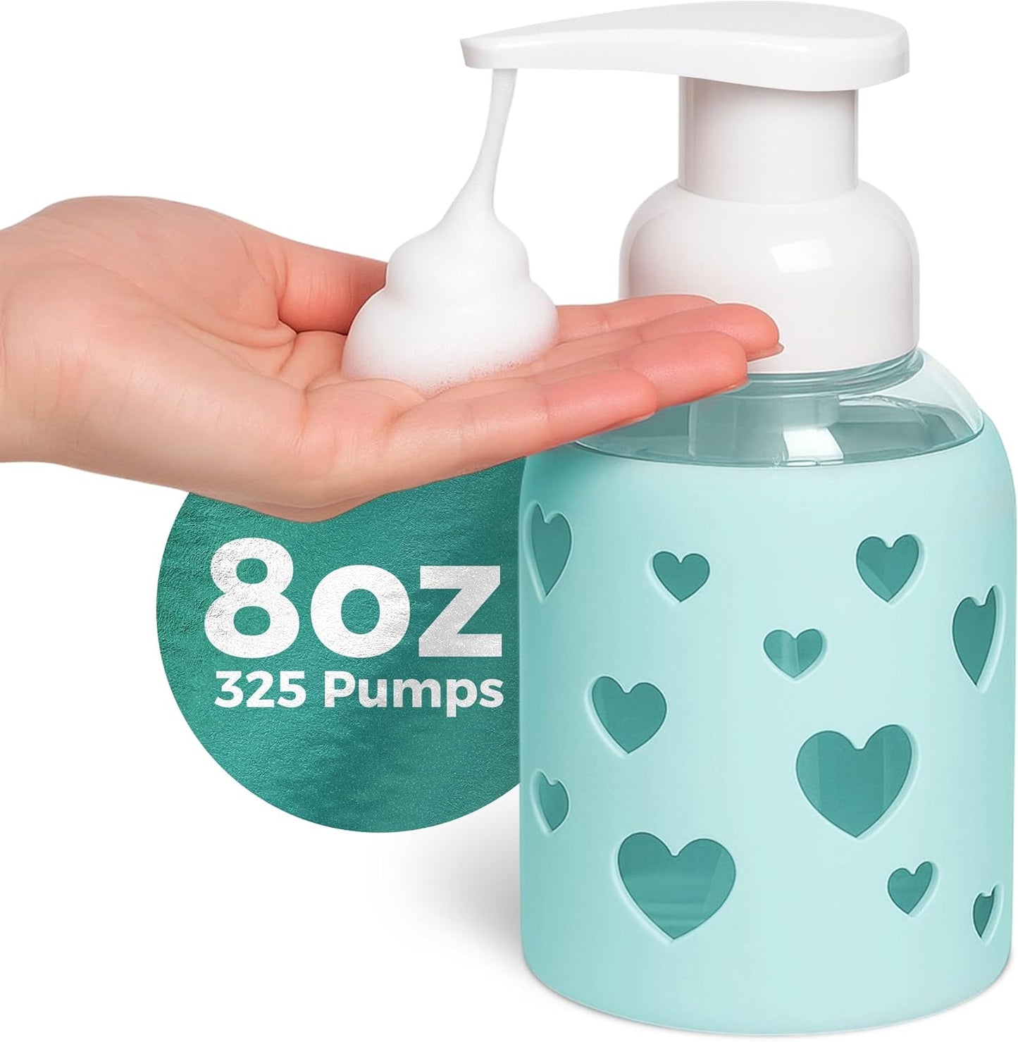 SoCal Suds & Company Glass Foaming Hand Soap Dispenser, Heart Silicone Sleeve, Refillable Pump Bottle for Kids, Baby Wash & Shampoo, Ideal for Home Use, Sea Glass 8oz