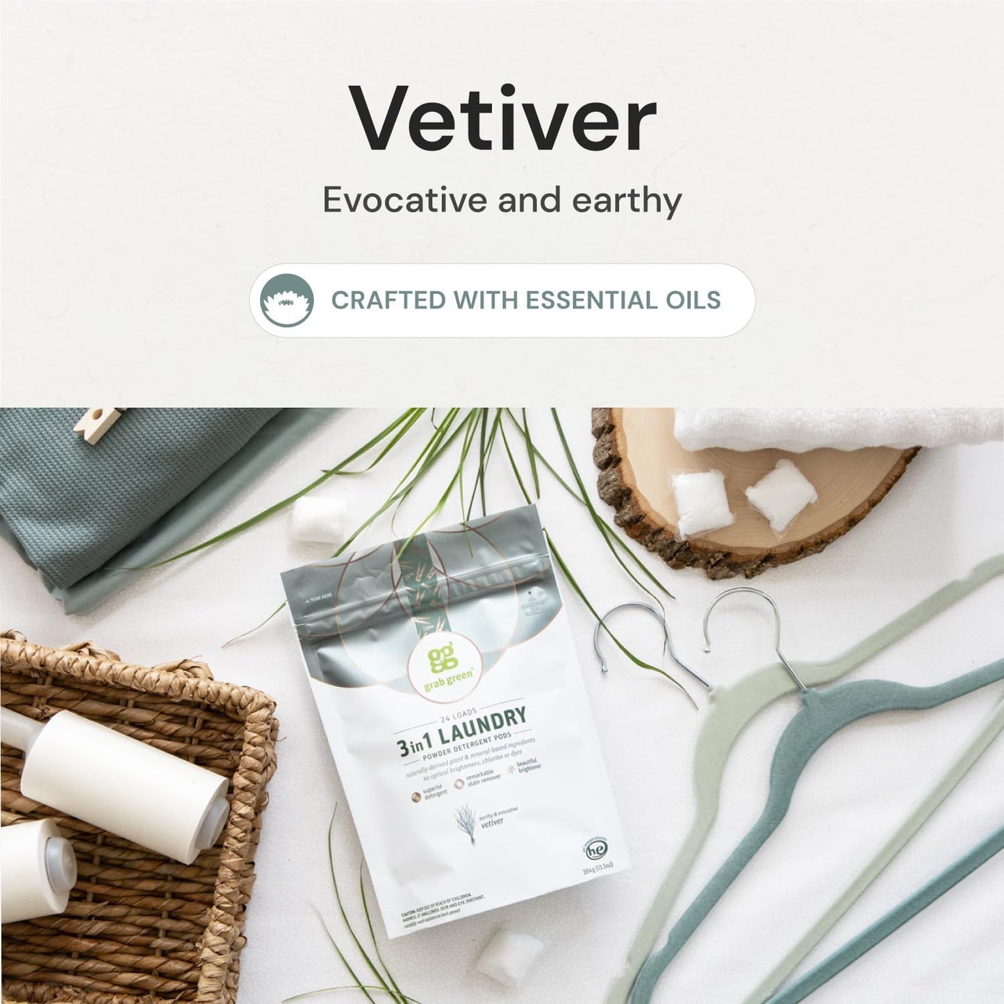 Grab Green 3-in-1 Laundry Detergent Pods, 132 Count, Vetiver Scent, Plant and Mineral Based, Superior Cleaning Power, Stain Remover, Brightens Clothes